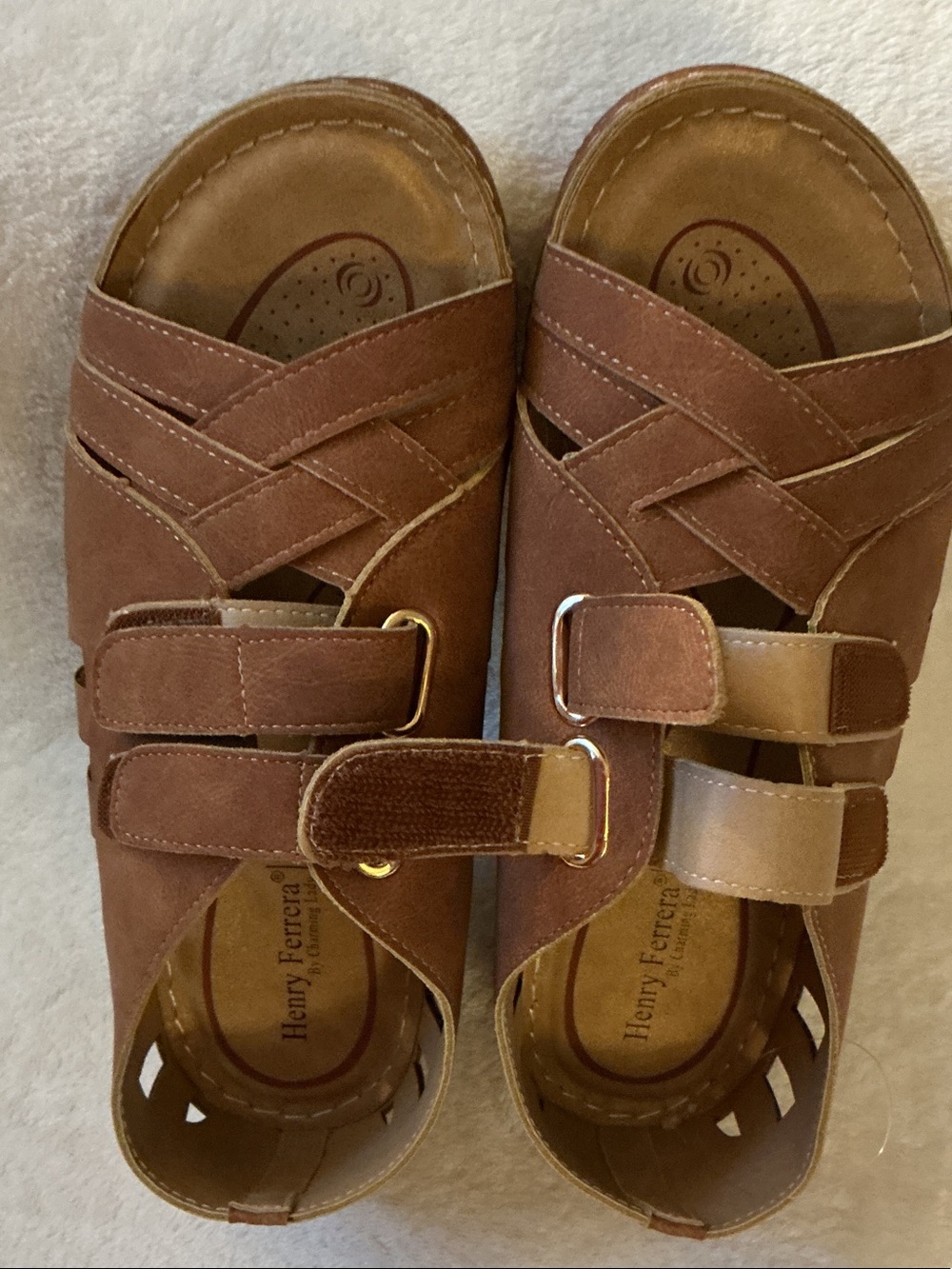 Henry Ferrera Tan Suede Crisscross Strap Sandals with Gold Buckles